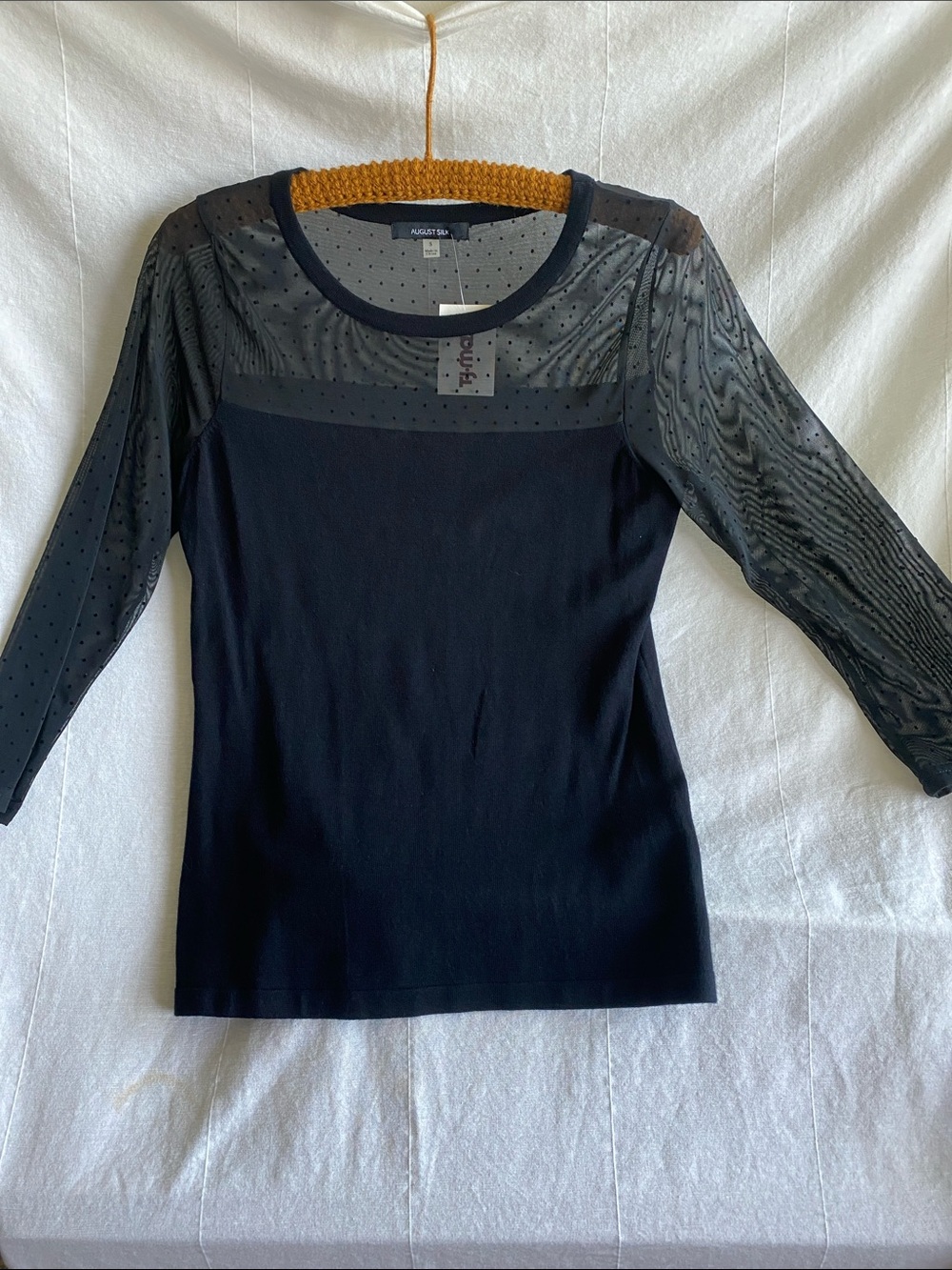 august silk Black Sheer Dot Yoke Long Sleeve Top